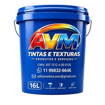 Linha profissional de Tintas e Texturas AVM em balde azul. Desenvolvida com alto rendimento, acabamento uniforme e proteção reforçada contra intempéries para alvenarias internas e externas.